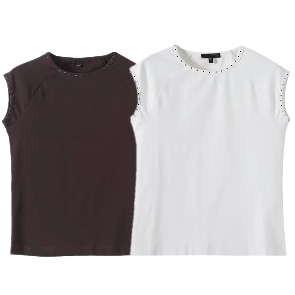 

Maxdutti French Minimalist Rivet Decoration Sleeveless T-shirt Summer Tank Top Fashion Ladies Cotton Casual Round Neck T-shirt W