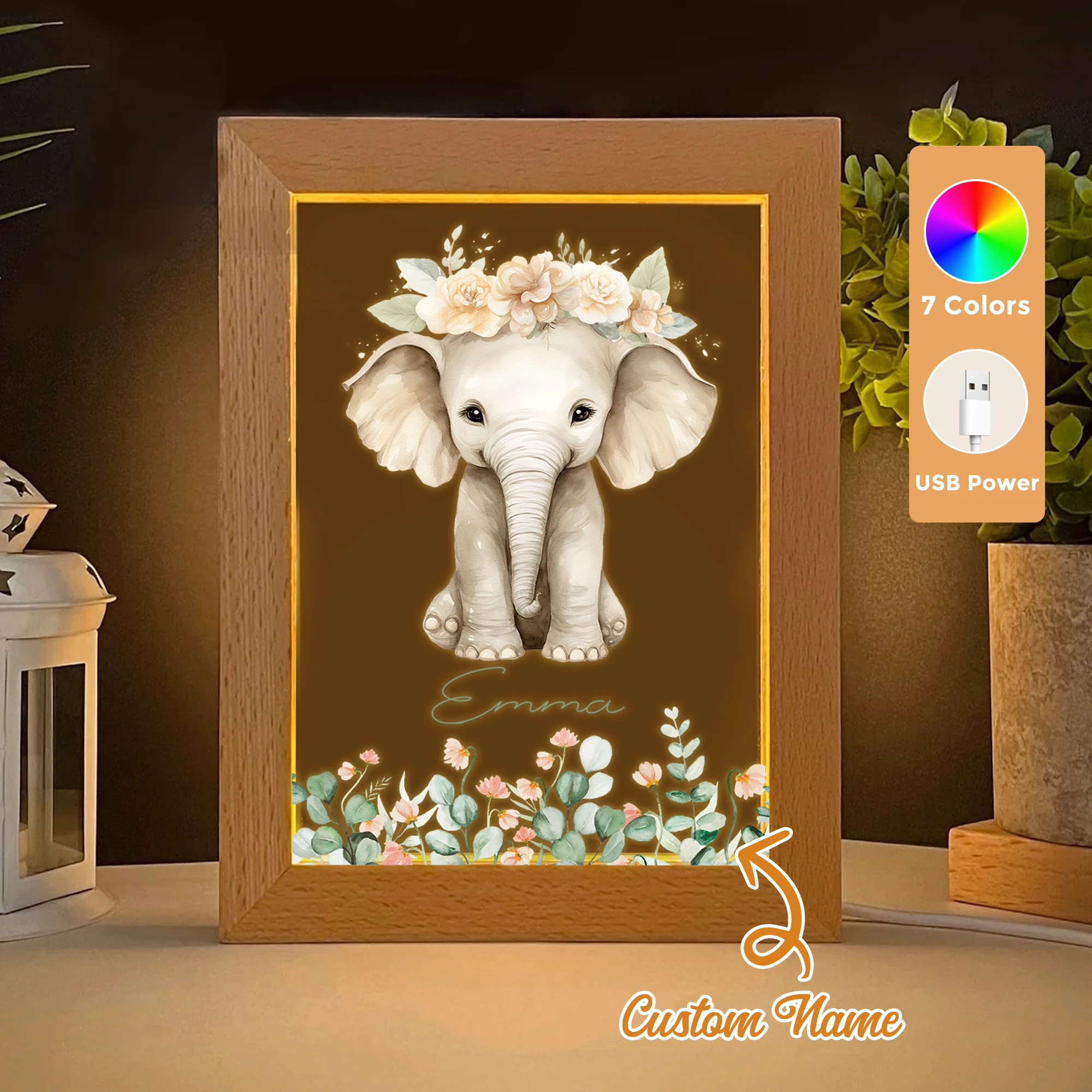 

2D Flat Custom Name Elephant Wreath LED Acrylic Night Light Wood Photo Frame 21x17cm Cartoon Children Bedroom Gifts Home Decor