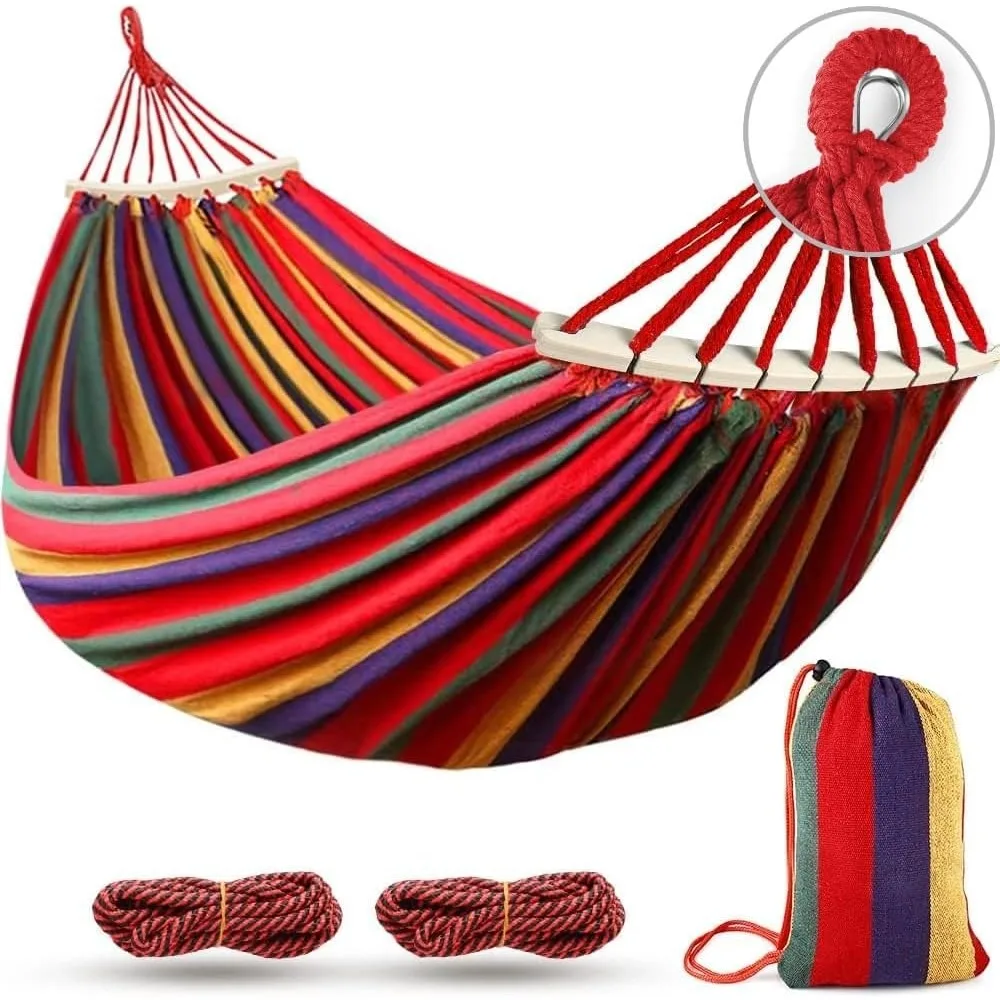 

Portable Thickened Anti-Rollover 2 Persons Striped Hammock Garden Travel Camping Hanging Swing Hammock with Curved Wooden Poles