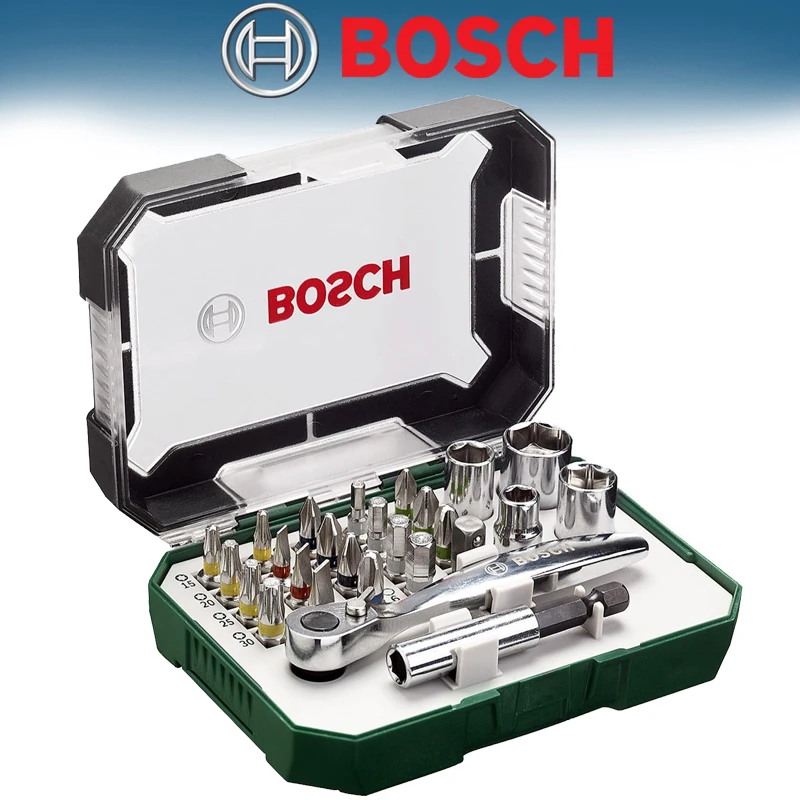 

BOSCH 2607017322 Набор бит с храповым механизмом и отвертками, 26 предметов, прочный ящик для хранения инструментов, портативные аксессуары для ручных инструментов