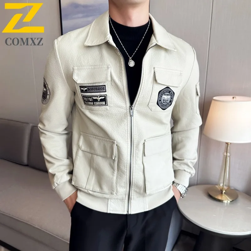 COMXZ Cross Border Leather Jacket Men Spring Korean Slim Turn Down Collar Youth Leather Jacket Trendy Motorcycle windbreaker - Image 4