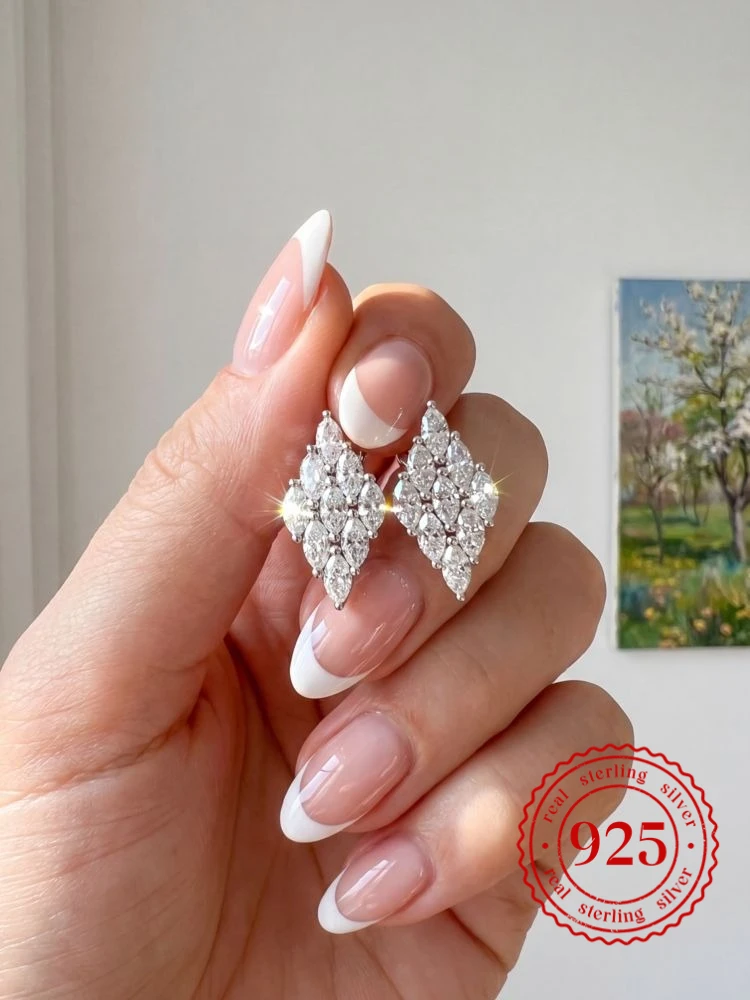925 Sterling Silver Shiny Rhombus 17*8mm Full Zircon Earrings for Women Wedding Party Anniversary High Quality Fine Jewelry