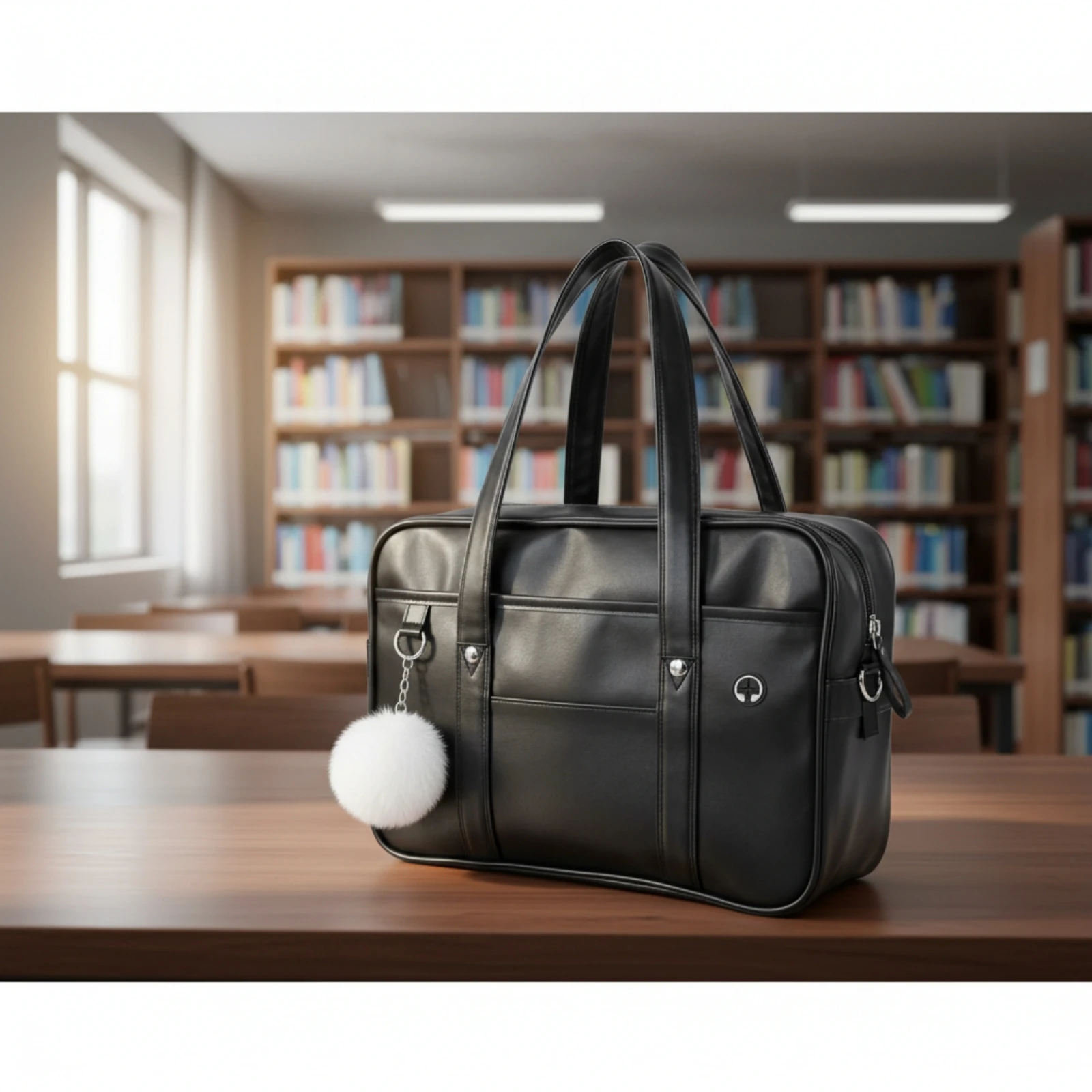 Tote Bag with Pom-Pom Rectangular Shoulder Bag with Headphone Port Handbag Spacious Organized for Commuters, Office, University