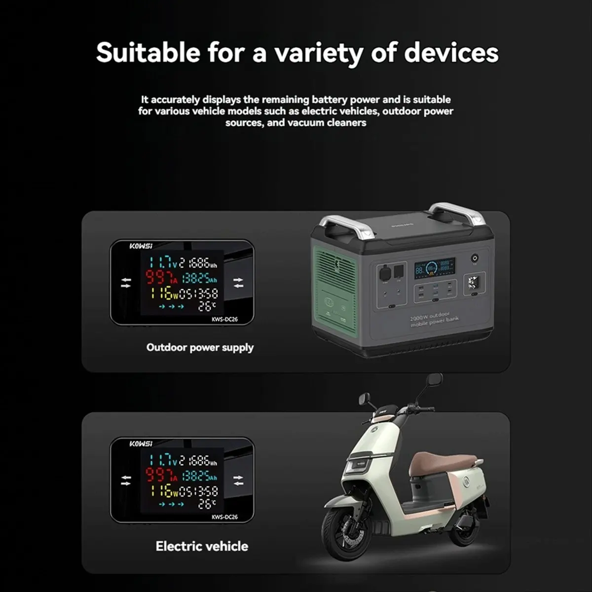 Friendly! KWS-DC26 DC Tester Battery Charging Tester Meter Battery Capacity Detector for Electric Vehicles Outdoor Power