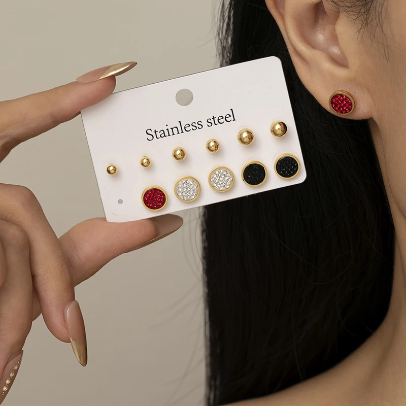 ANENJERY 316L Stainless Steel Squre Cross Round Stud Earrings Set For Women Geometry Temperament Simple Niche Jewelry Gift