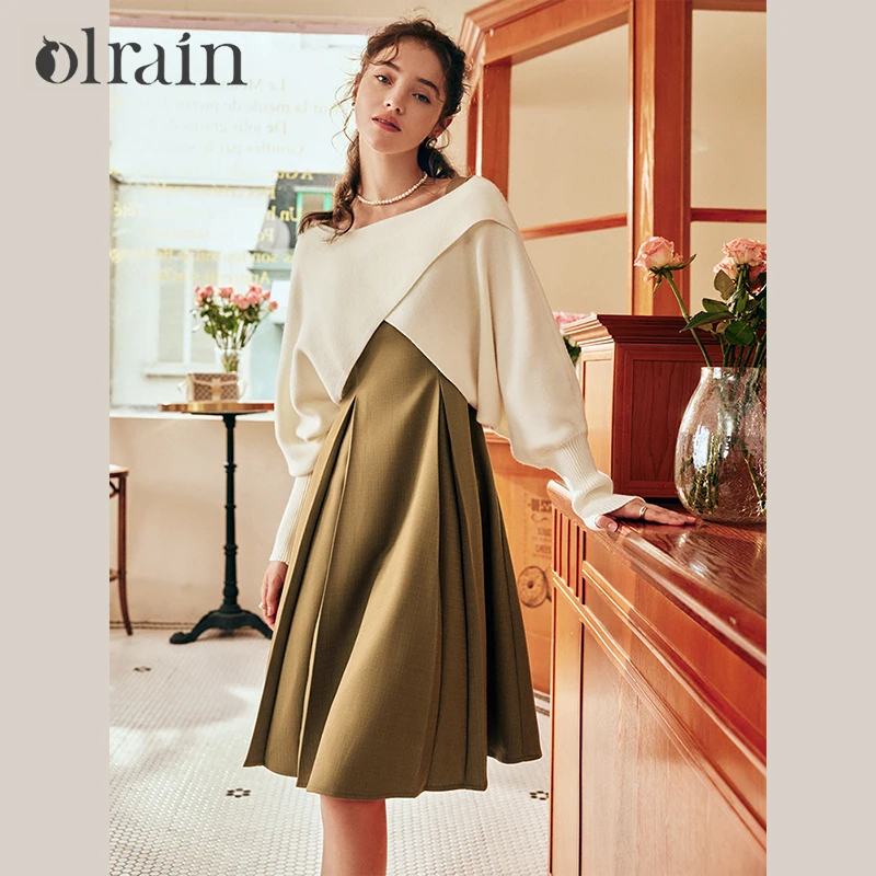 OLrain Women's French Style Contrast 2 Piece Dress Set 2026 Spring Fall Outfits Sleeveless Dress and Pullover Sweater O22QE65619