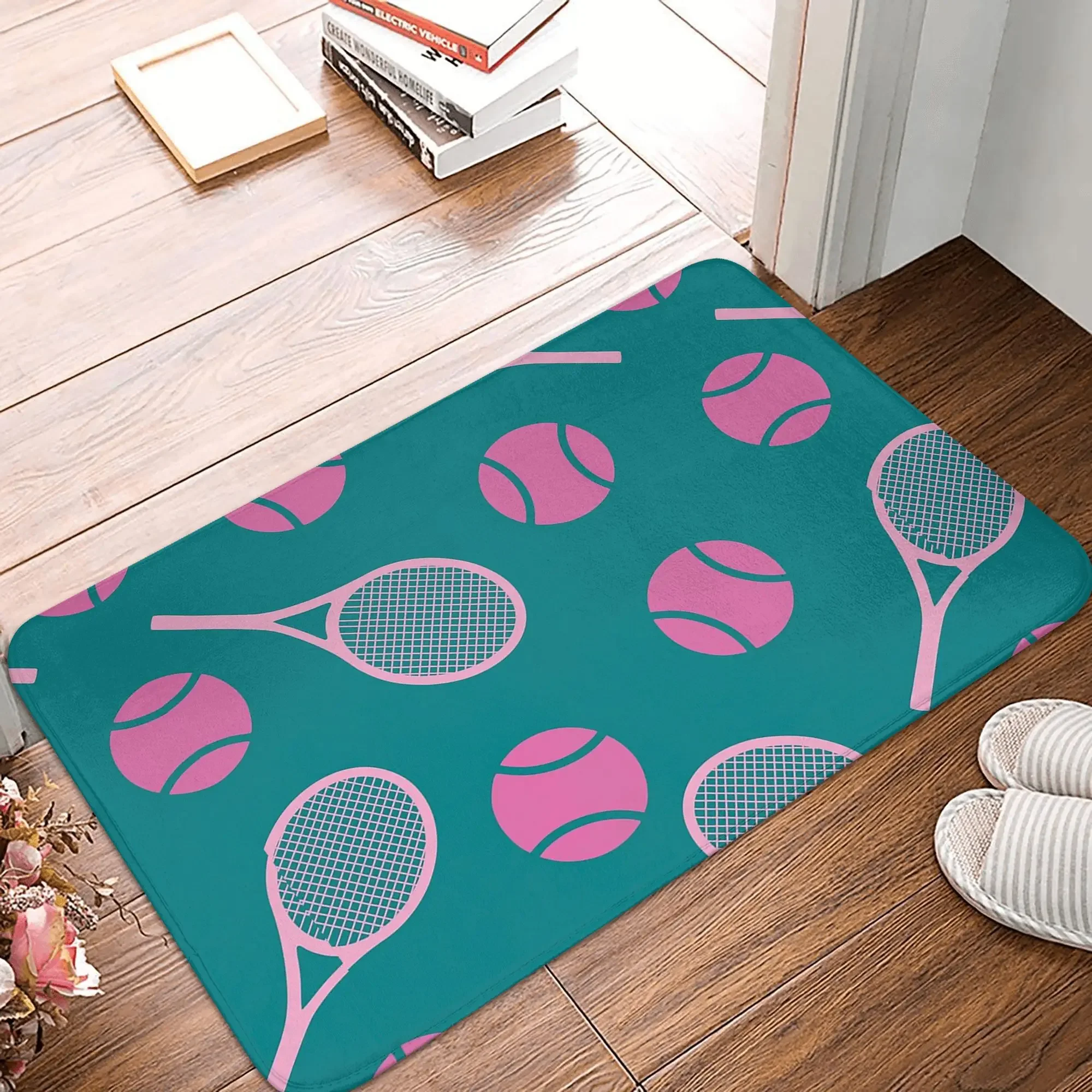 Pink tennis rackets and tennis balls on minty background Non-slip Doormat Floor Mat Entrance Home Living room Footpad Mats