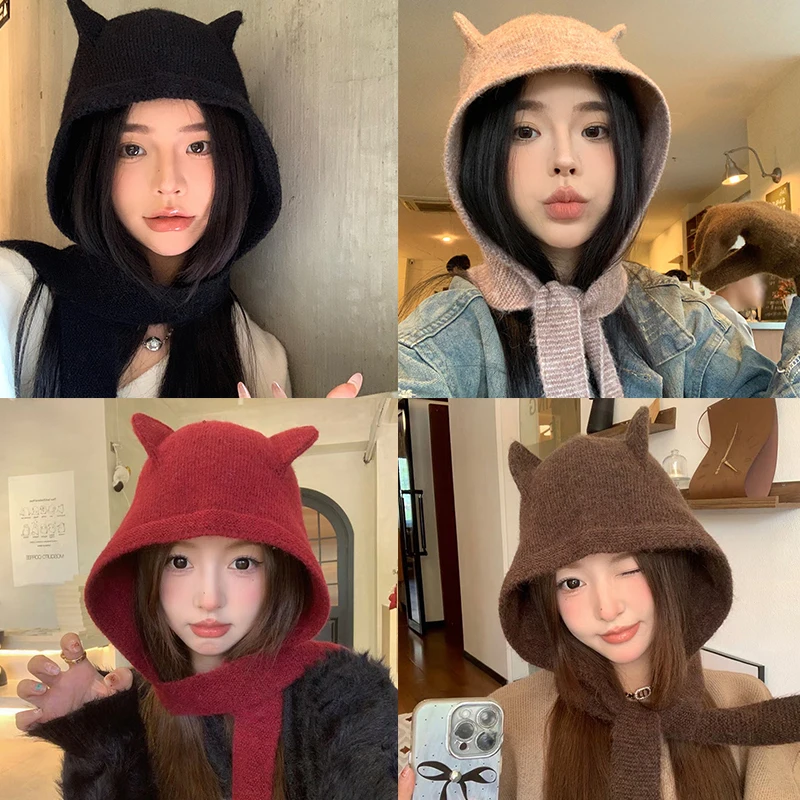 Korean Solid Color Wool Fluffy Cat Ear Knitted Hat Autumn Winter Thickened Warm Hats Fashion Protection Ear Neck Protection Cap