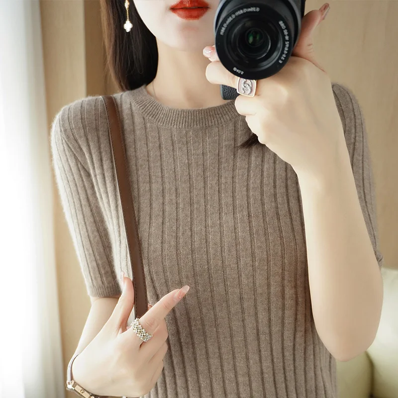 Suéteres de punto de Cachemira con cuello redondo para mujer, jersey de manga corta, Tops informales sólidos