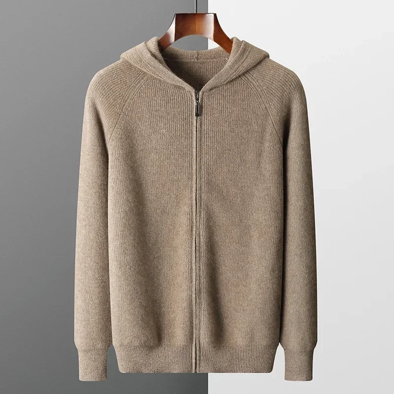 Cardigan à Capuche en Tricot Épais pour Homme, Veste de Grande Taille, 100% Laine Mérinos, Décontracté, à Manches sulf, Manteau Sportif, Automne et