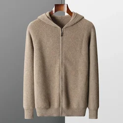 Cárdigan con capucha para hombre, chaqueta de punto grueso de talla grande, 100% lana merina, ropa deportiva informal de manga larga, abrigo de otoño e invierno