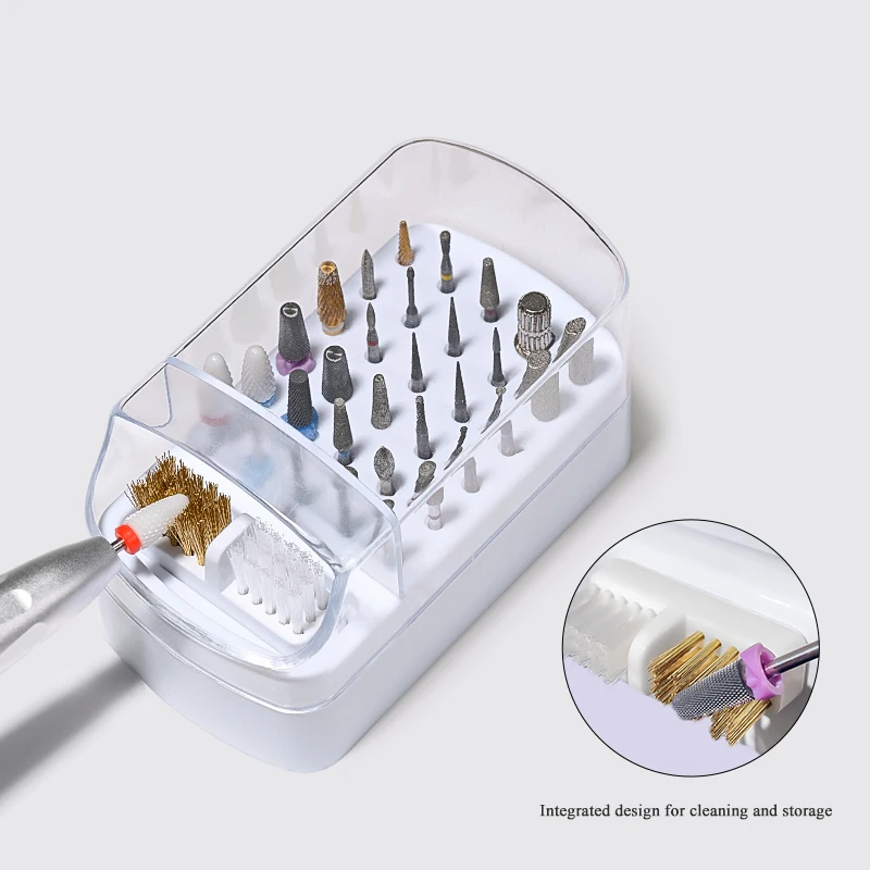 

30 Holes Sanding Head Storage Box Nail Drill Bit Storage Box With Cleaning Brush Plastic Nail Drill Bit Holder Box Nail Tools