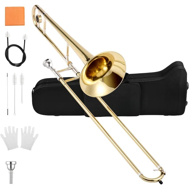 Bb Tenor Slide Trombone for Beginners Students,B Flat Brass Plated Trombone Instrument with Mouthpiece,White Gloves,Cleaning Kit