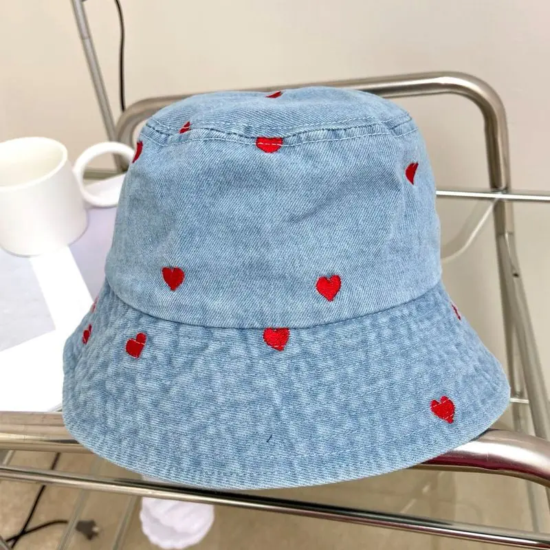 Embroidered Heart Cotton Summer Jeans Bucket Hat Cap For Women Spring Fisherman Hat Outdoor Travel Ladies Hat Gift Wholesales