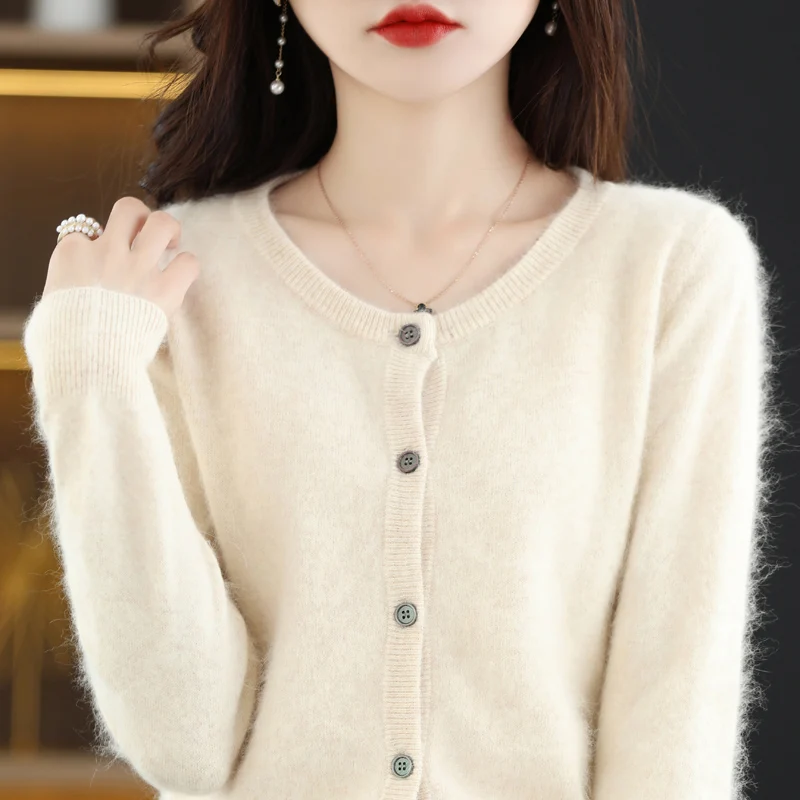 2023 Women Cardigan Super Warm 100% Pure Mink Cashmere Sweaters O-neck Loose Female Jacket Ladies\' Solid Color Knit Cardigans