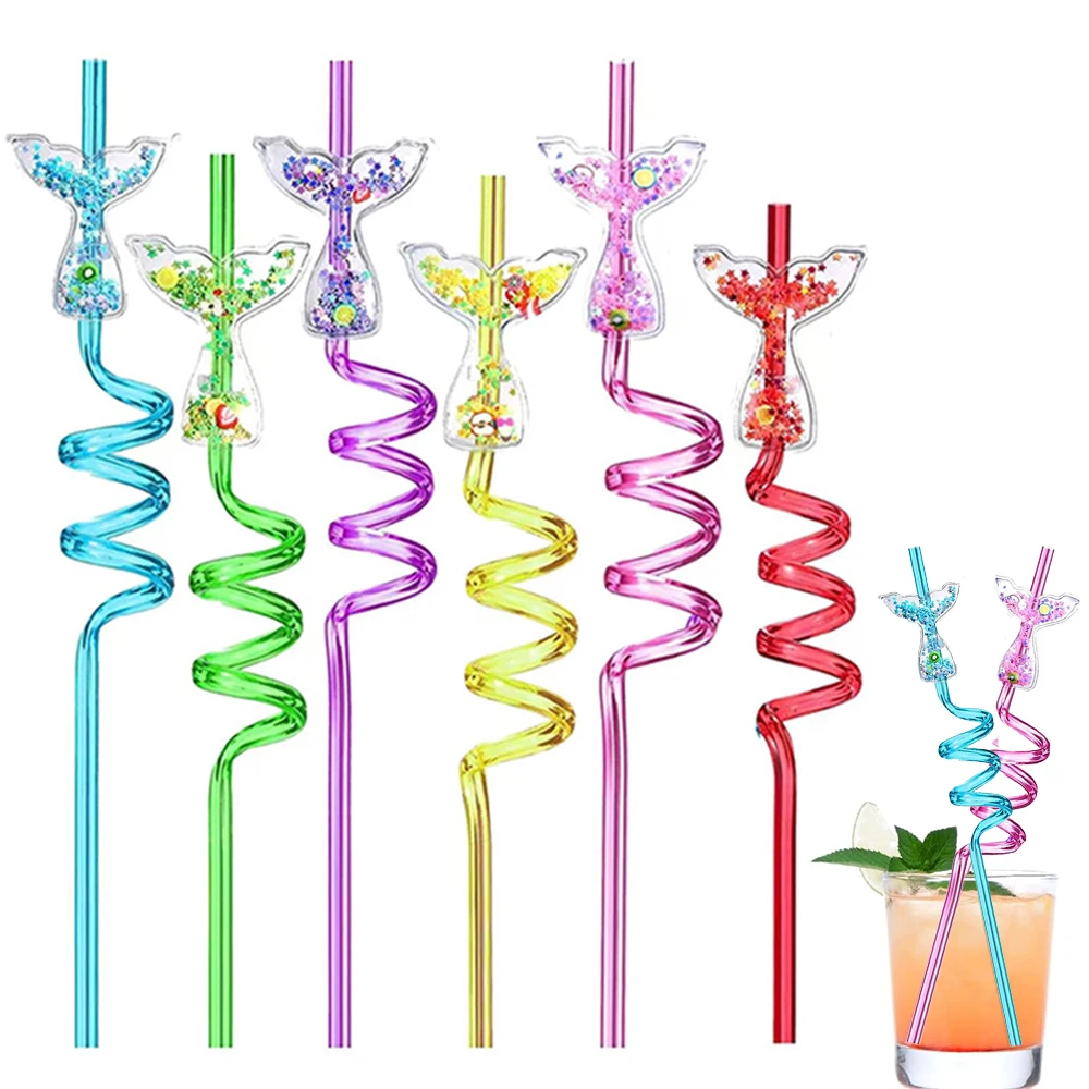 

6/12pcs Glitter Mermaid Tail Plastic Flowing Sand Spiral Straws for Girls Mermaid Birthday Party Cocktail Straw Pool Party Favor