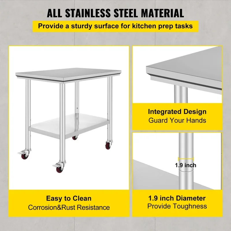 

【Premium】SucceBuy Stainless Steel Kitchen Workt le shelves Commercial Work Bench T le with Caster Wheels for Home Restaurant Sto