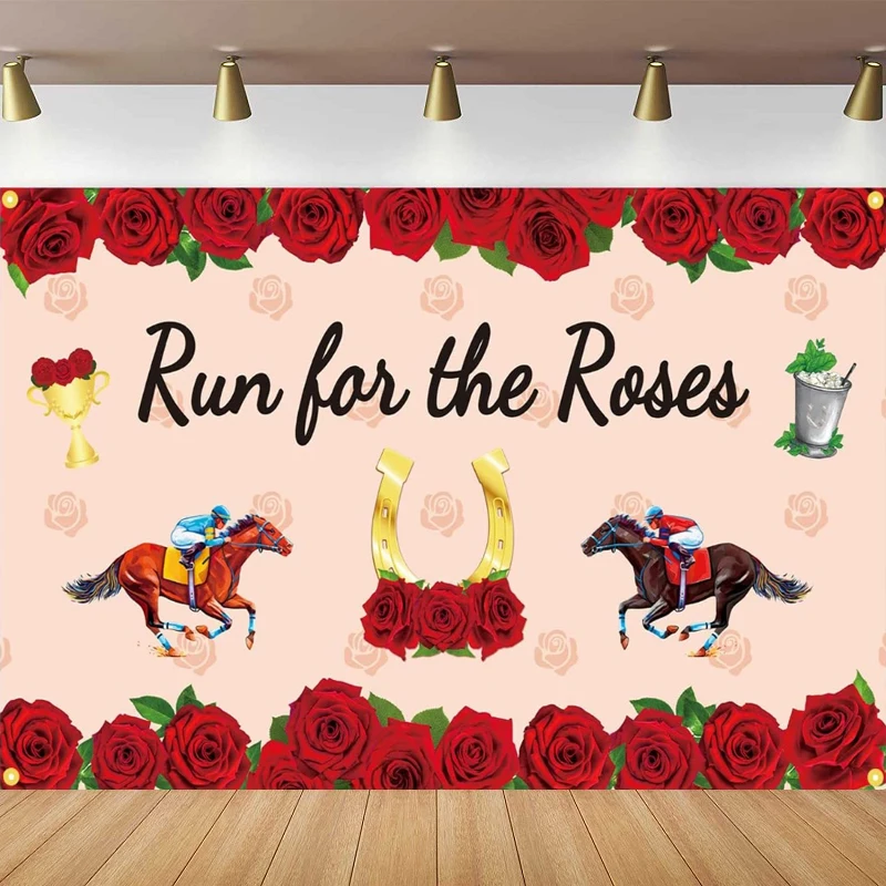 Run For The Roses Photography Backdrop Banner Kentucky Derby Background Banner Horse Racing Party Decorations Activity Poster