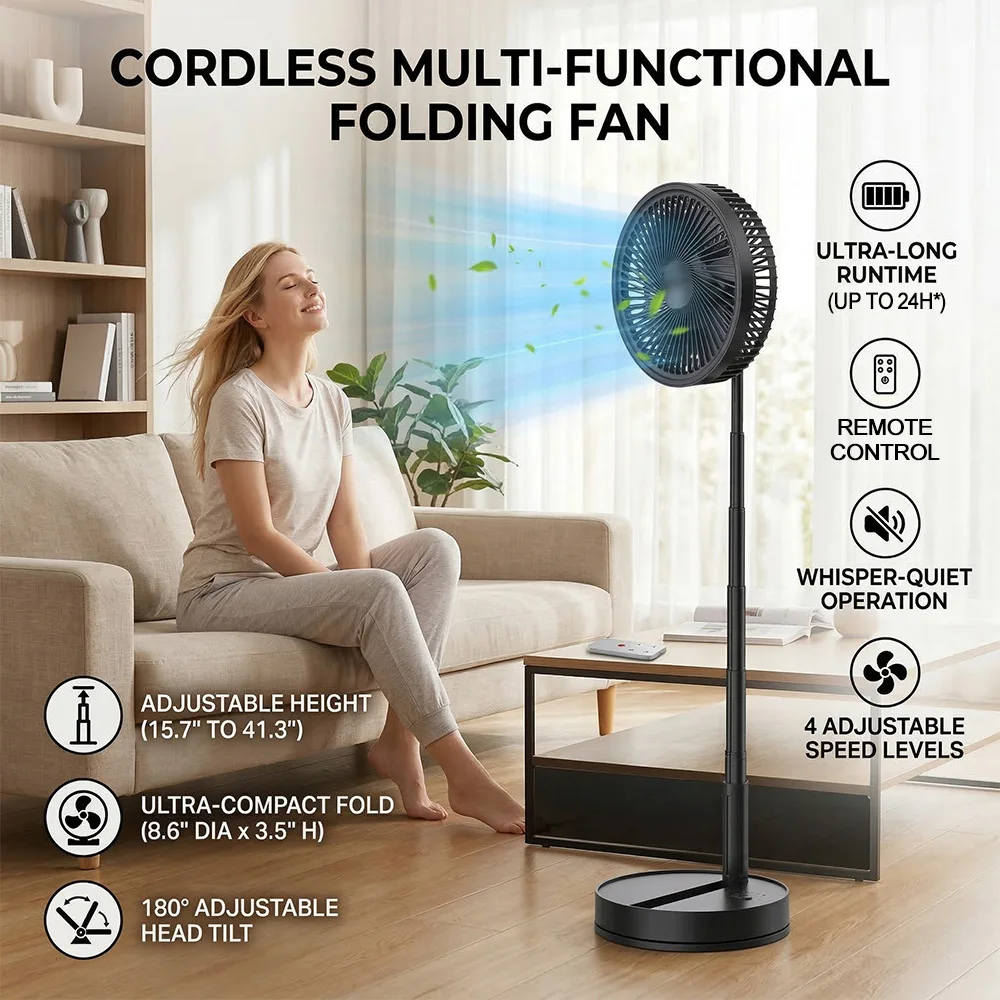 Ventilateur de bureau pliable télescopique avec batterie rechargeable USB sans fil de 8000 mAh, hauteur réglable, minuterie et télécommande
