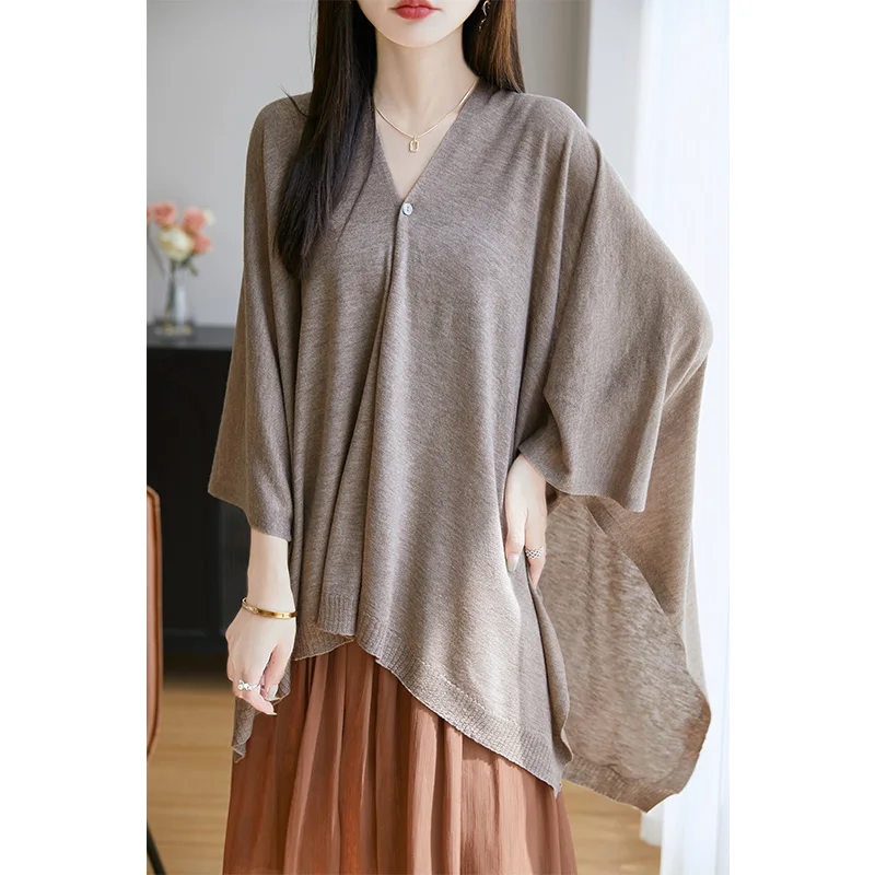 

Fall/Winter 2025 Ladies' New Wool V-neck Bat Sleeve Cardigan Sweater Solid Color Leisure Knitted Shawl