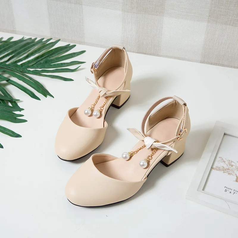 Children Girl High heel Shoes Kids Princess Sandals Fashion Pearl Bow Thick Heel Shallow Woman High heels For Party Wedding28-39