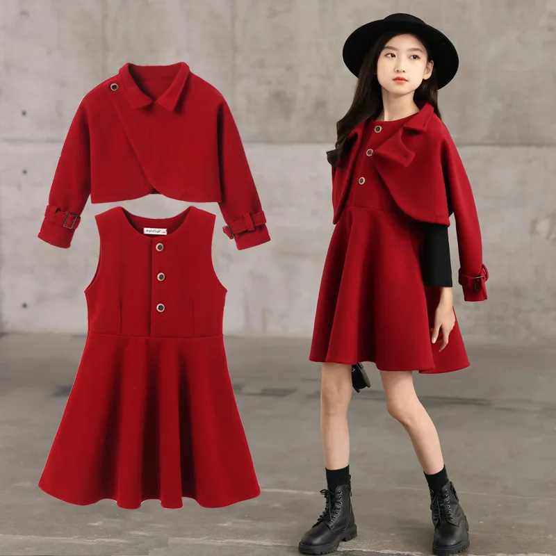 

Fashion Kids Girls Princess 2pcs Clothes Set Autumn Winter Children Red Woolen Outwear+Dress Vintage Outfits New Years Clothes