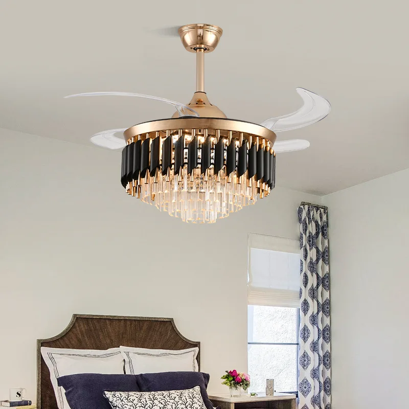 Creative Luxury Iron Crystal Invisible Ceiling Fan Lamps Living Room Restaurant Kitchen Decorative Home High-end LED Fan Lights