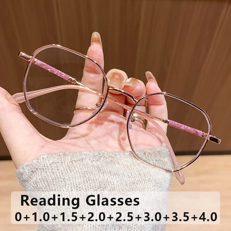 Women's Metal Polygonal Presbyopia Glasses Stylish Delicate ShimmeringTemples Blue Light Protection Glasses with Plus Diopters