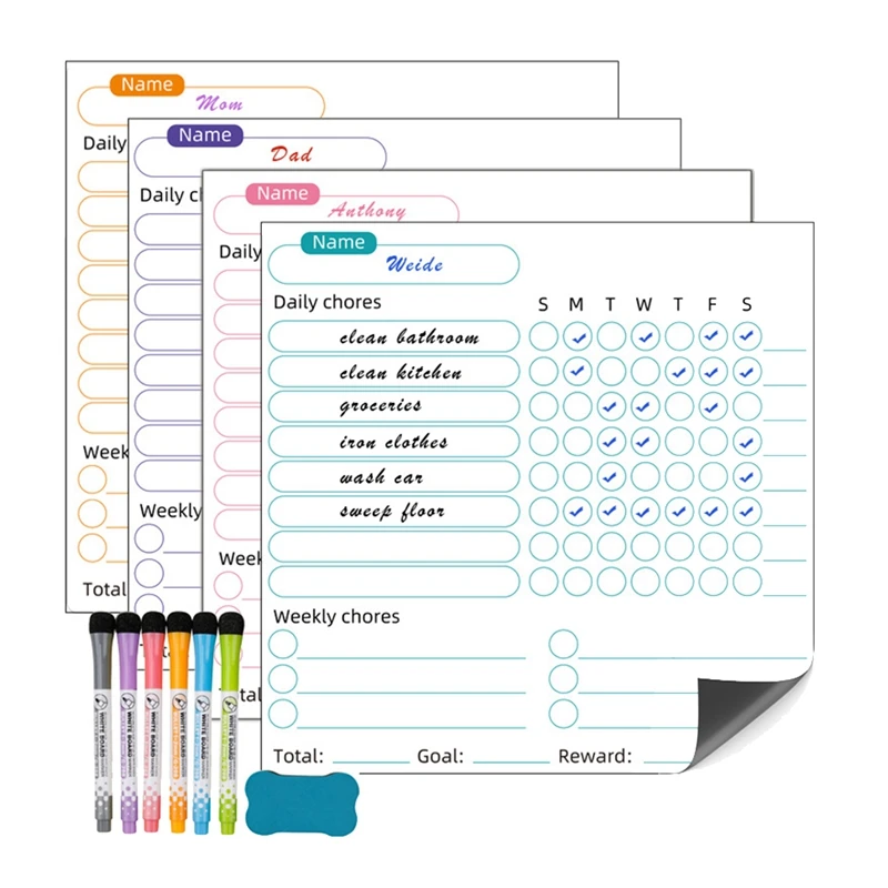 

1Set Dry Erase Chore Chart For Kids- 4 Pcs Dry Erase Behavior Charts And 6 Colored Markers With Eraser, Reward Chart Chore Chart