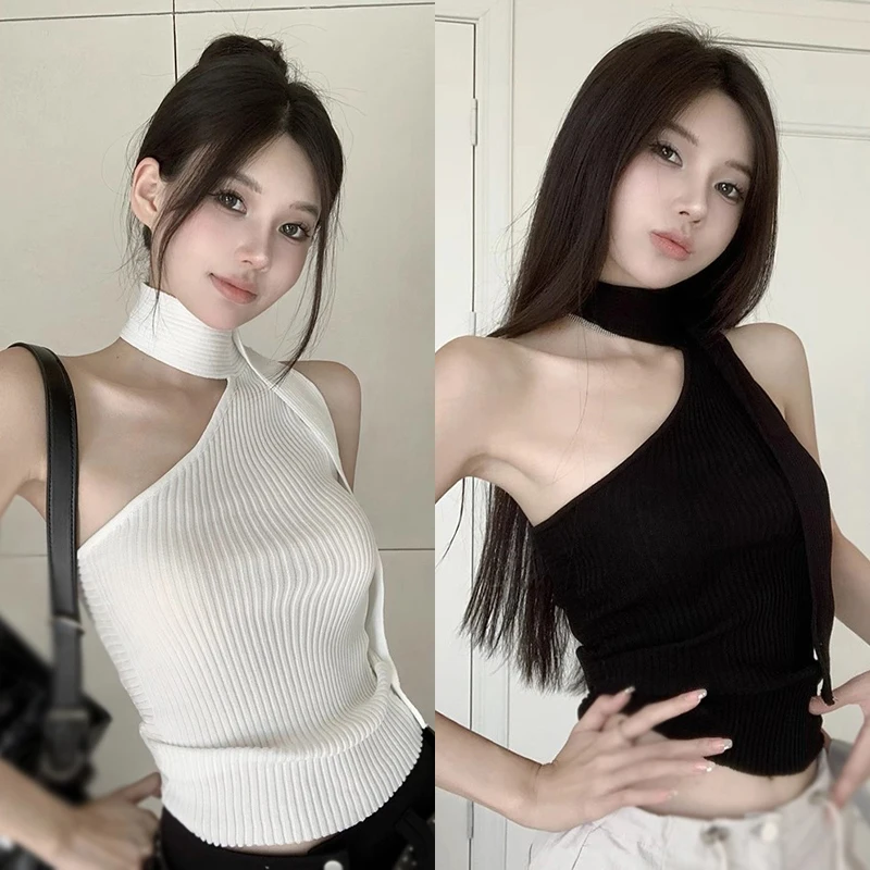 Women's Crop Top Korean Summer Shoulder Hanging Neck Slim Fit Versatile Knitted Sleeveless Suspended Tank Top