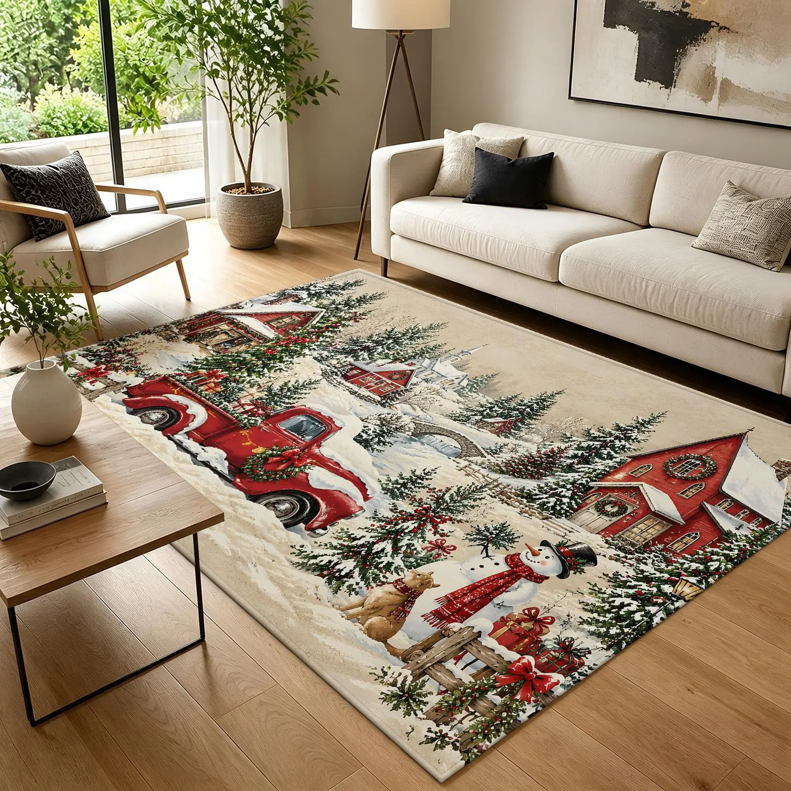 1pc 2D Flat Christmas Red Truck Snowman Winter Scene Printed Floor Mat, Decorative Rug for Living Room, Bedroom, Home