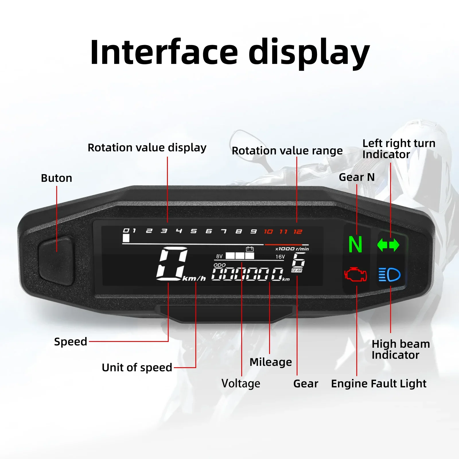 AD Speedometer + Sensor Motorcycle Speed Meter LED Digital Dashboard 12000RPM Gauge Tachometer Panel Motor Odometer Display