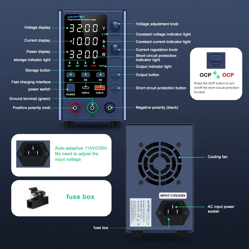 Wanptek DC Power Supply 30V 10A 60V 5A 120V 3A Adjustable Laboratory Power Supply with USB fast Charging Bench Power Supplies