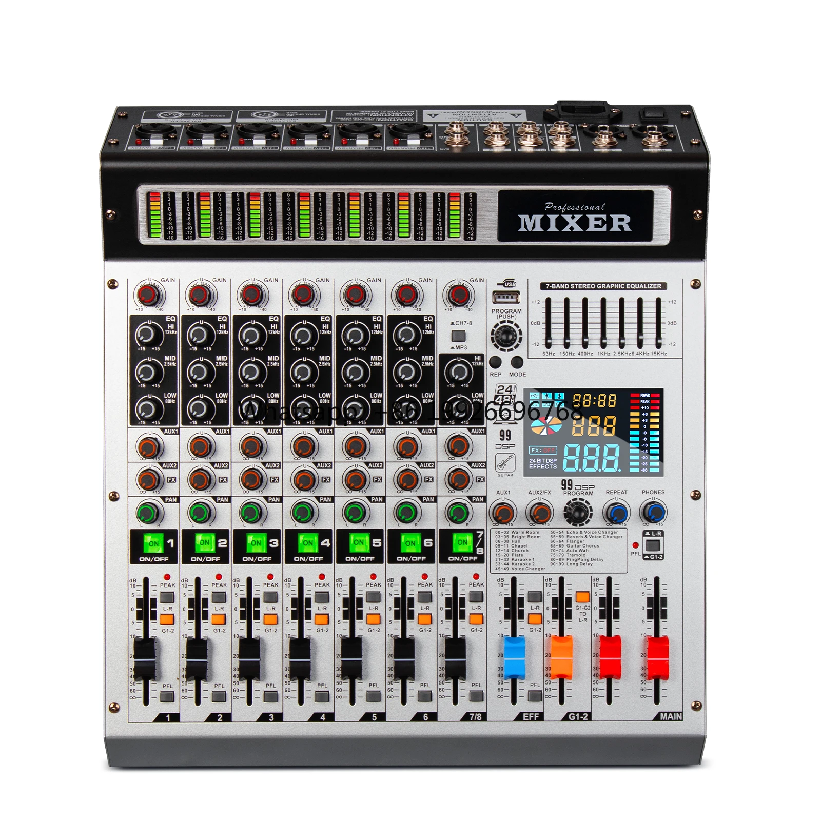 

2024 Brand New 8 Channel Interface Audio 99 Effects Digital Professional Audio Mixer with 2 Marshals