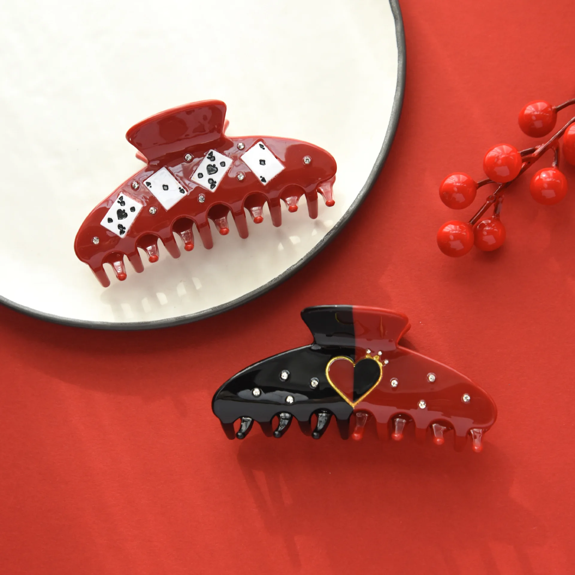 

Red Black Poker Series Hair Claw Acetate Rhinestone snake Claw Clips Large gentle Crab Hair Clip for Women Girl Hair Accessories