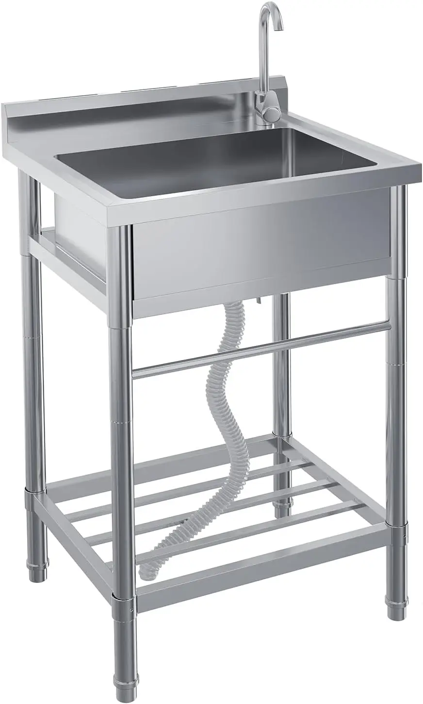 Stainless Steel Simple Wash Basin w/Hot & Cold Faucet Supply Lines Drain Kit Storage Shelf Vegetable Washing Household Single Slot Bracket Dishwasher Kitchen Sink Shelf