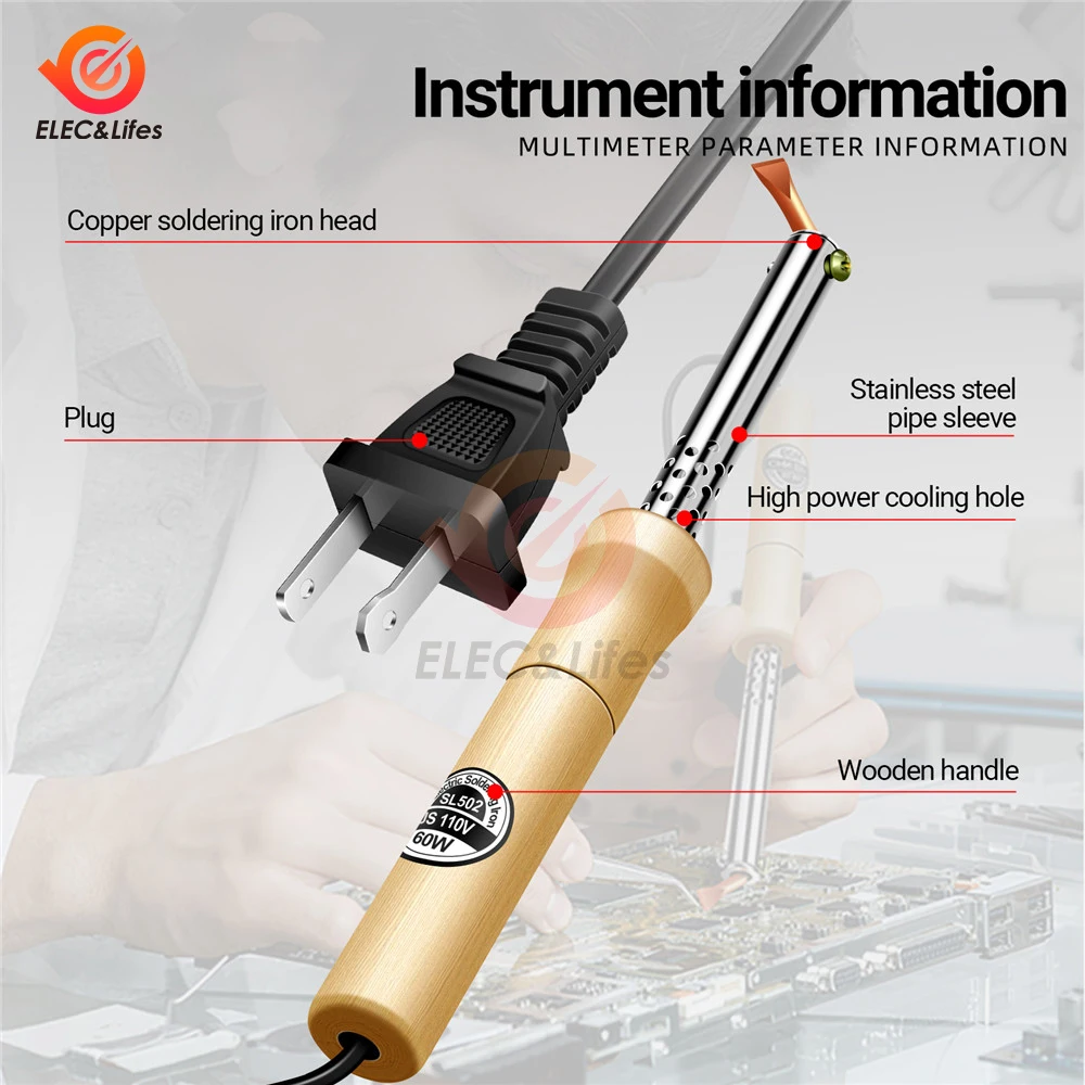 SL502 Eectrie Soldering iron Stainless Steel Pipe Sleeve Soldering Iron Weld Copper Tip with Wooden Handle Rework Station Tool