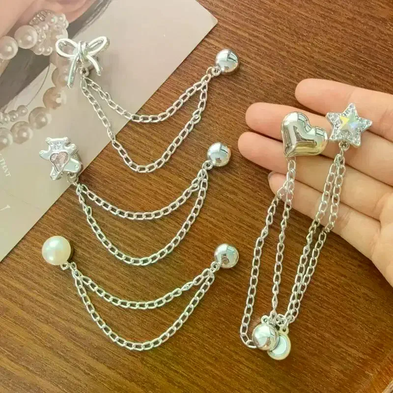 2Pcs Multi-Function Clothing Clips With Chain Metal Tassel Buttons Clip Roll Up Pants Alloy Adjusble Trouser Legs