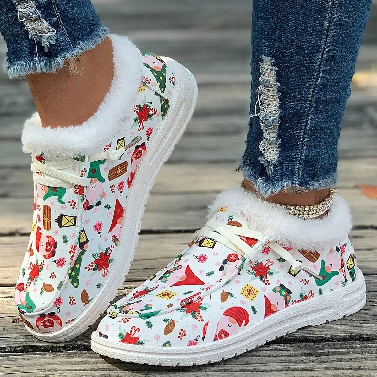 Ladies Flat Casual Shoes Women New  Winter Ankle Snow Boots Woman Christmas Print Cotton Shoes Short Plush Booties Warm Gift