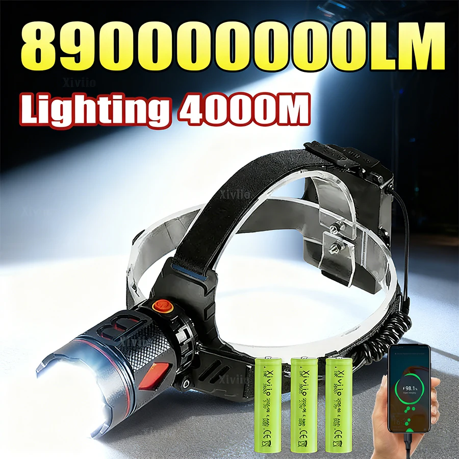 

Супер мощный налобный фонарь 890000000LM USB аккумуляторная фара светодиодный налобный фонарь дальнего действия 4 км передний светодиодный фонарик для охоты, кемпинга, рыбалки