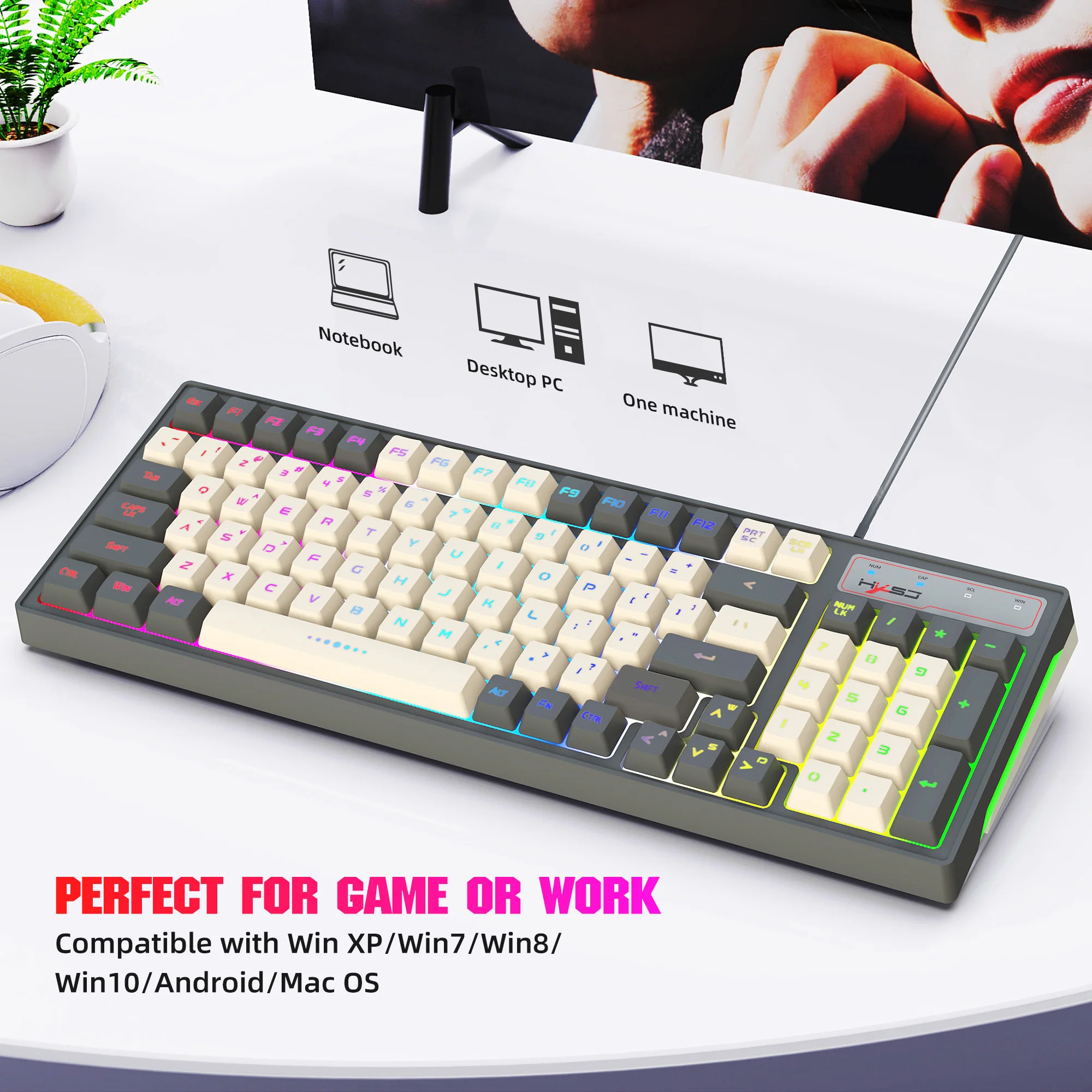 Hot sale hxsj V600 96-key Gaming Keyboard RGB backlit ergonomic ABS Keycaps USB wired keyboards for computer laptop home game