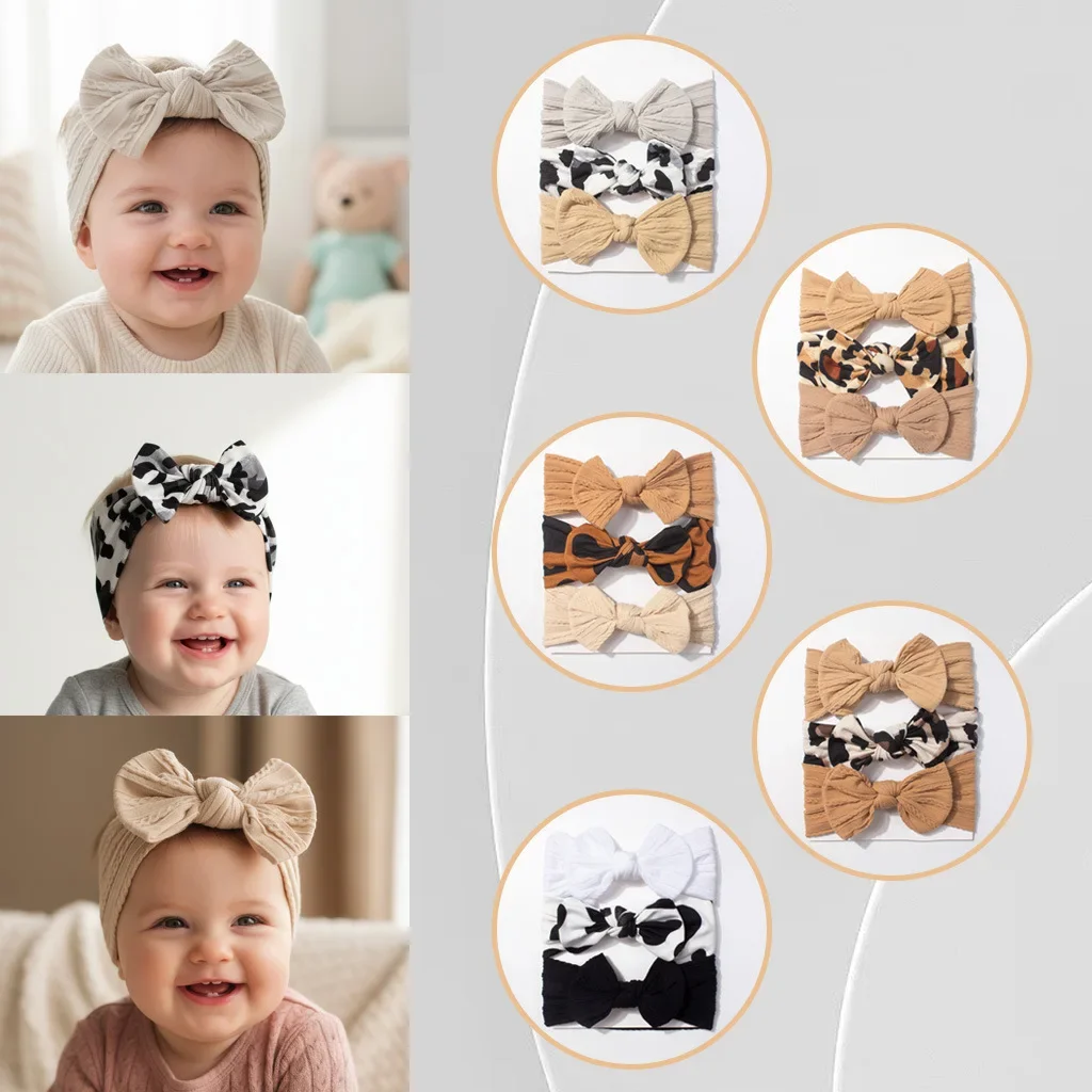 Fashion Newborn Headbands 3PCS Set 1-2Y Baby Girl Hair Bows Headbands Leopard Cow Print Soft Stretch Kids Hair Accessories