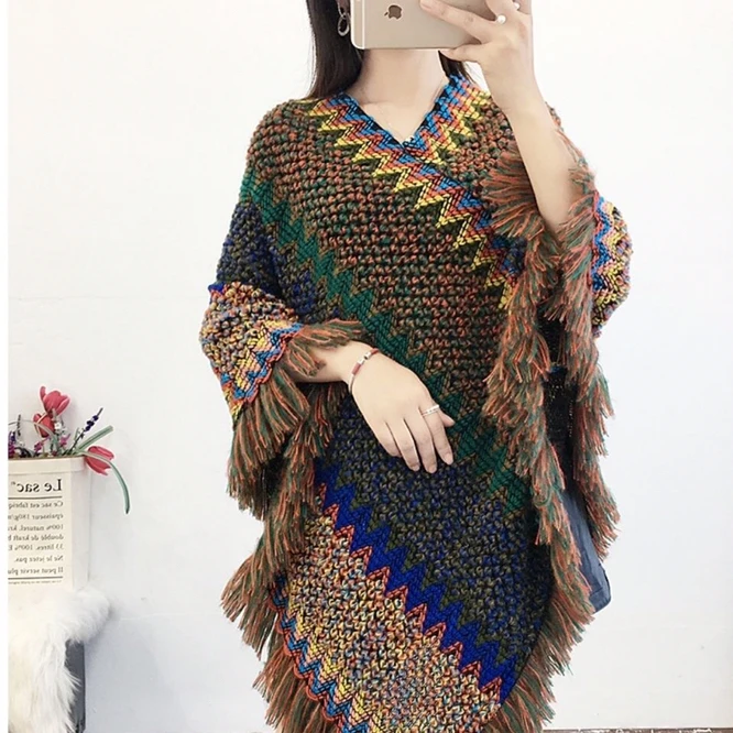 Pullover Women Knitting Poncho Capes Autumn New Female Fashion Bohemian Poncho Cloak Tassel Winter Clothing National Green