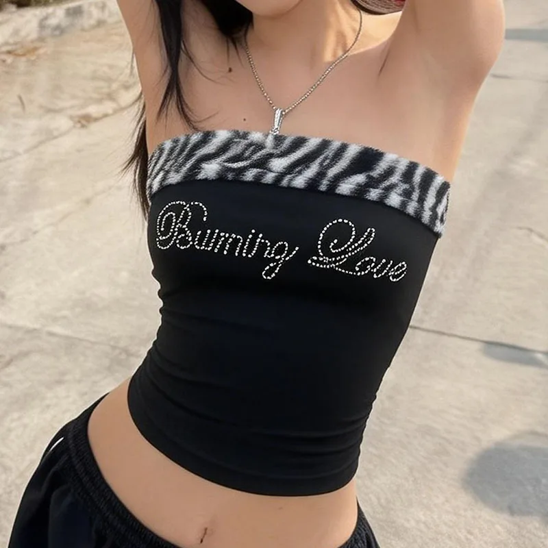 Summer Women's Sexy Slim Fit Y2K Leopard Print Vest Strapless Top Short  Navel Exposed Casual Fashion Letter Hot Drilling Top