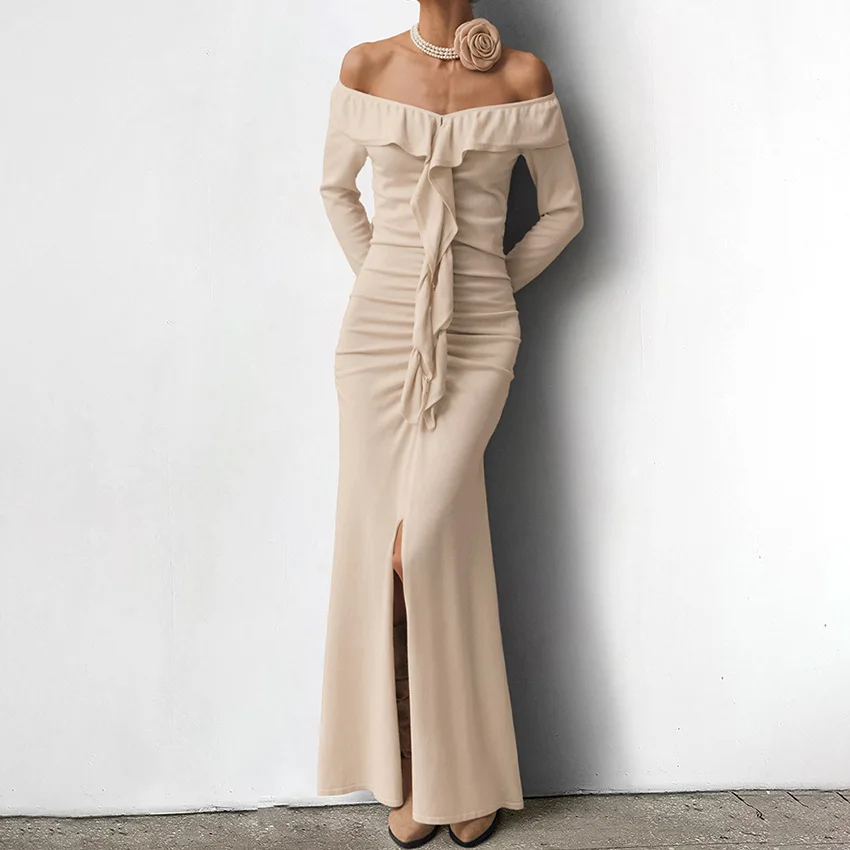 

Women's Slim-fit Dress, Khaki Ruffled Line Neck, Strapless Split Fishtail Skirt, Sexy Off-the-shoulder, Fall, Winter, 2024