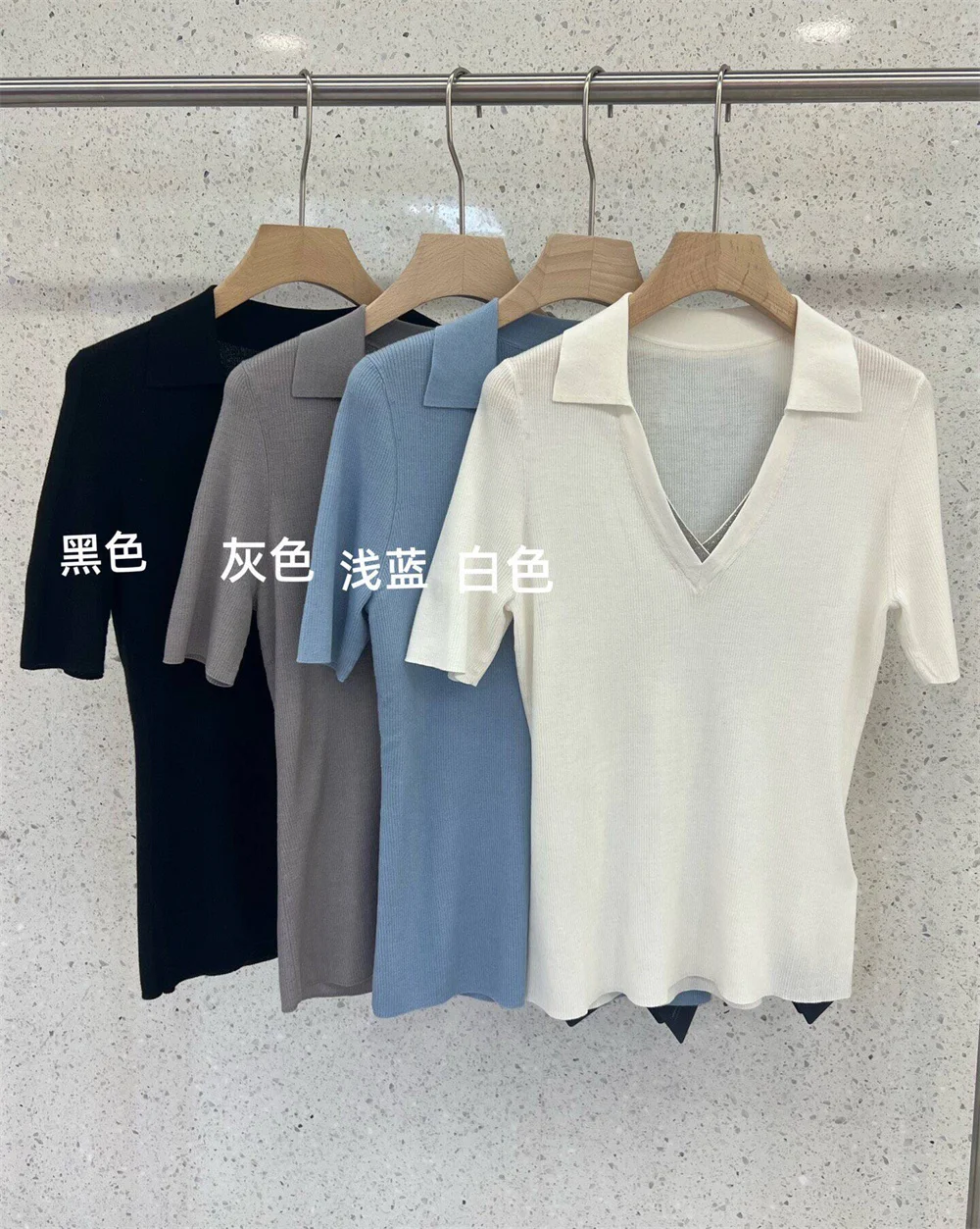 V-Neck Short-Sleeve Beads Knit Top For Women
