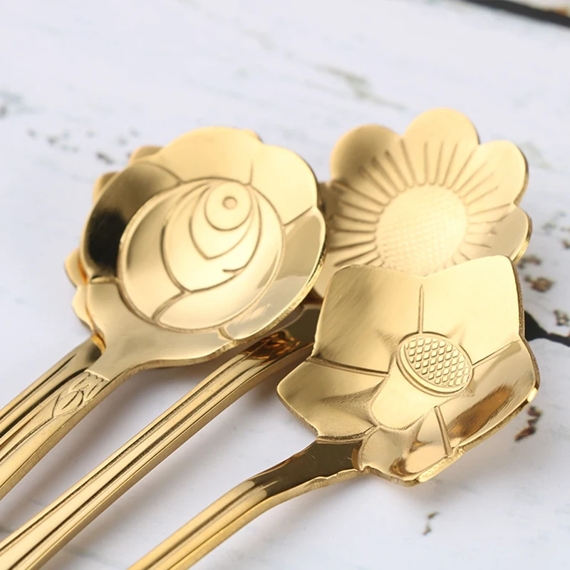 Colher De Flor De Aço Inoxidável, Sobremesa E Colher De Café, Cute Golden Sakura Rose, 12Pcs