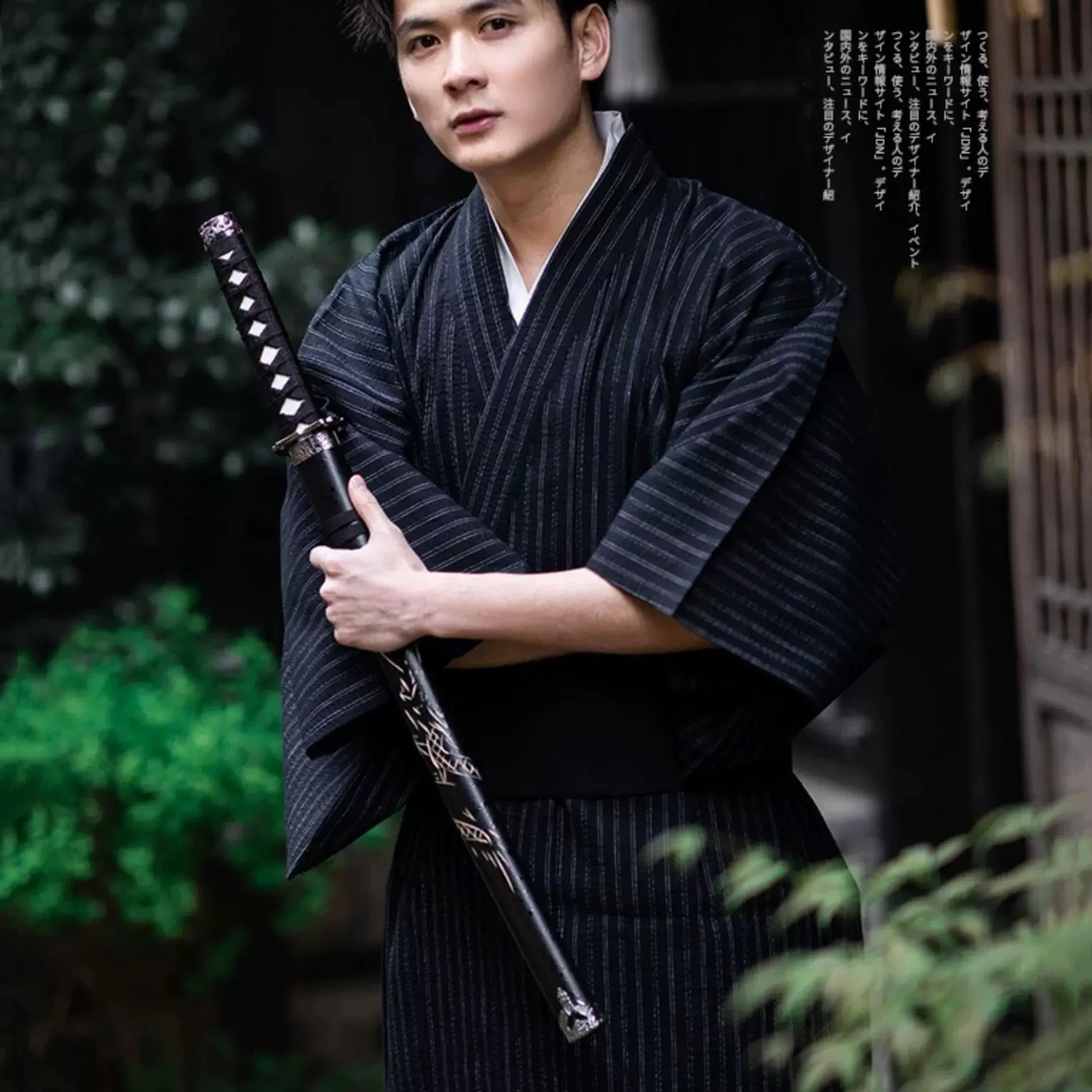 Black Summer Navy Japanese Traditional Samurai Kimono For Men Yukata Bathing Robe Hekoobi Loose Style Homewear Long Gown Cotton