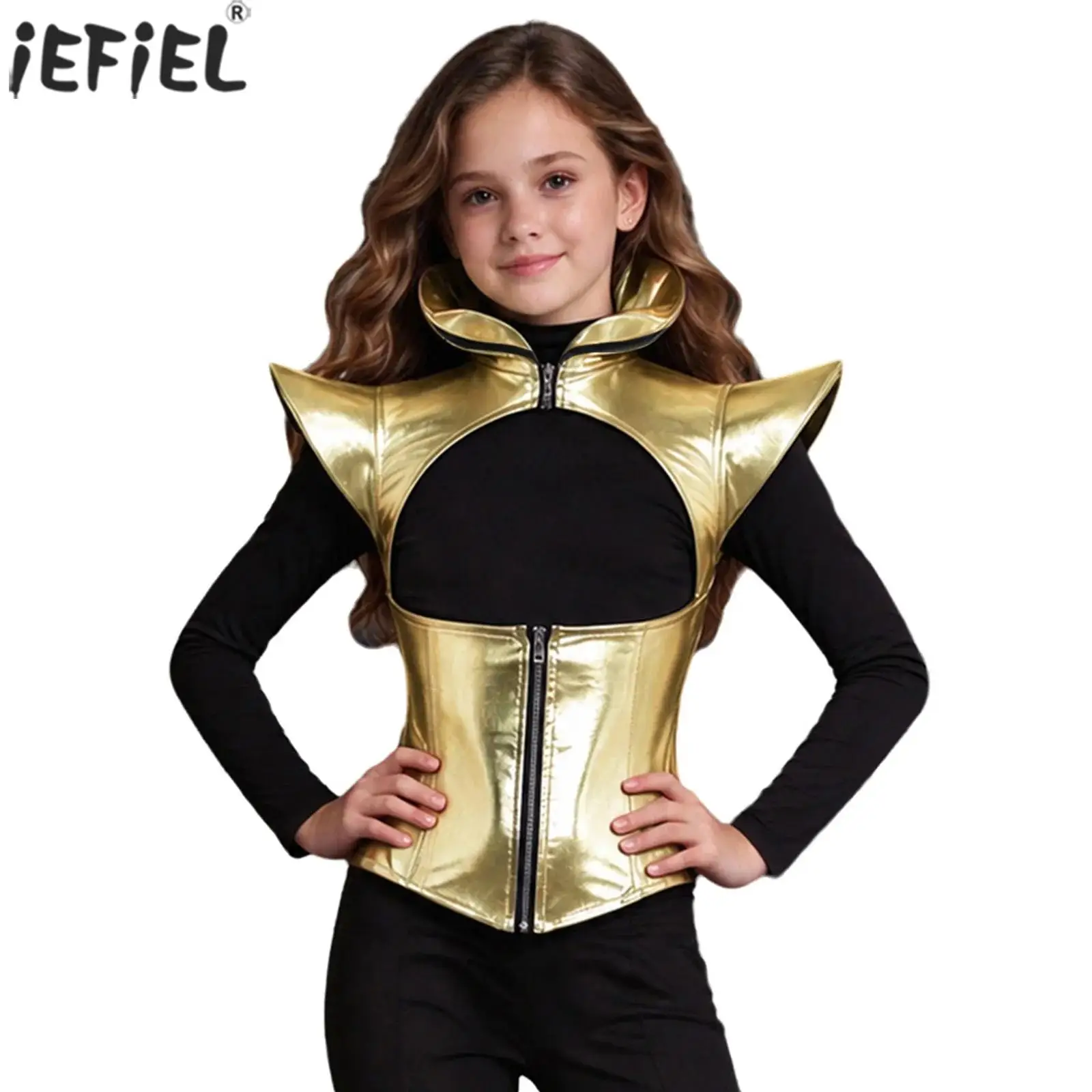 Kid Girls Metallic Armor Shrug Top Cap Sleeves Stand Collar Cutout Front Zipper Slim Fit Tops for Halloween Carnival Theme Party