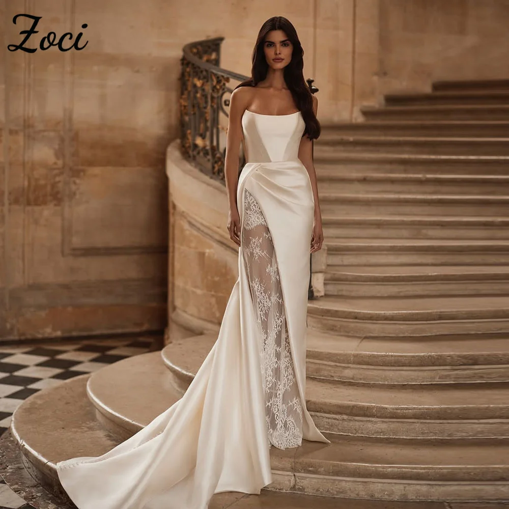Zoci Elegant Mermaid Wedding Dresses Satin Lace High Side Split Bride Gown Customized Floor-Length Buttons Backless Bridal Gown